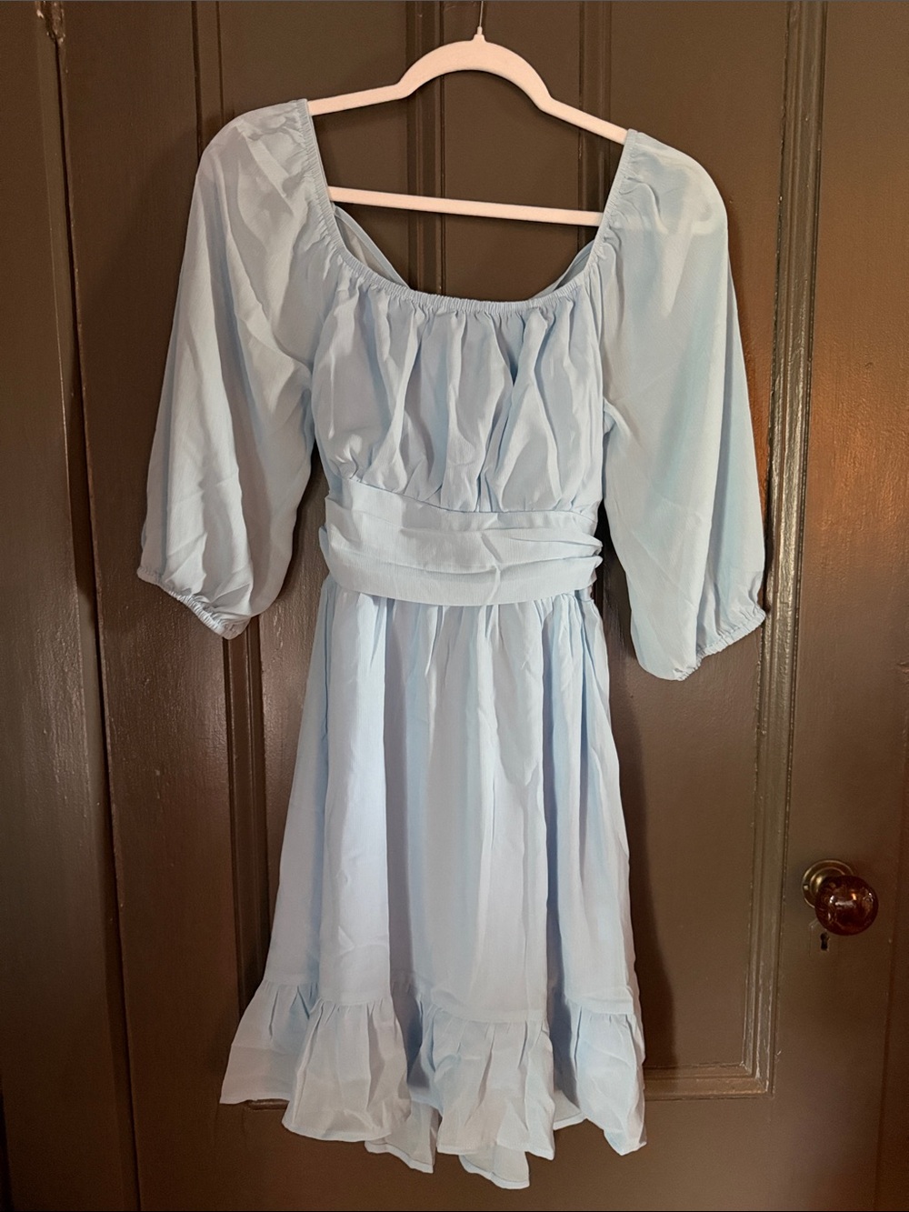 Light Blue Puff-Sleeve Midi Dress with Waist Tie